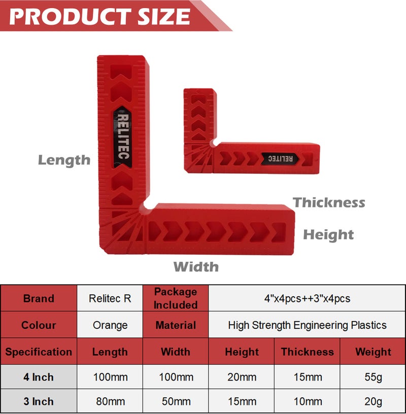 Relitec R 90 Degree Corner Clamp Clamping Squares Woodworking Tools Positioning Squares Right Angle Clamp Wood Clamps for Gluing Cabinets Picture Frames or Drawers Set of 8ï¼ˆ3" 4"ï¼‰ - Image 3